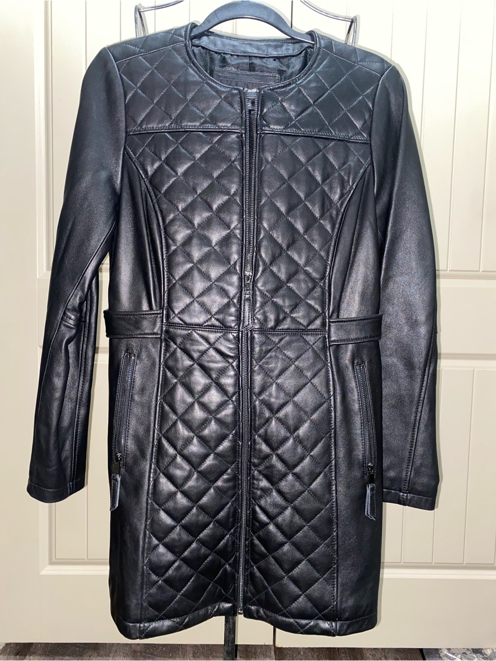 Jones New York Quilted Long Black Leather Coat - size small